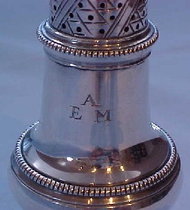 Initials on the superb Georgian sterling silver pepper caster, London 1768.