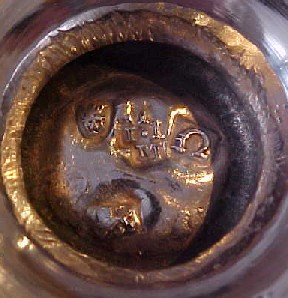 Hallmarks on base of superb Georgian sterling silver pepper caster, London 1768.