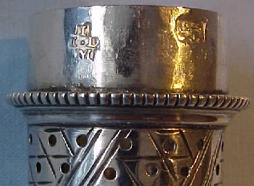 Lid hallmarks on superb Georgian sterling silver pepper caster, London 1768.